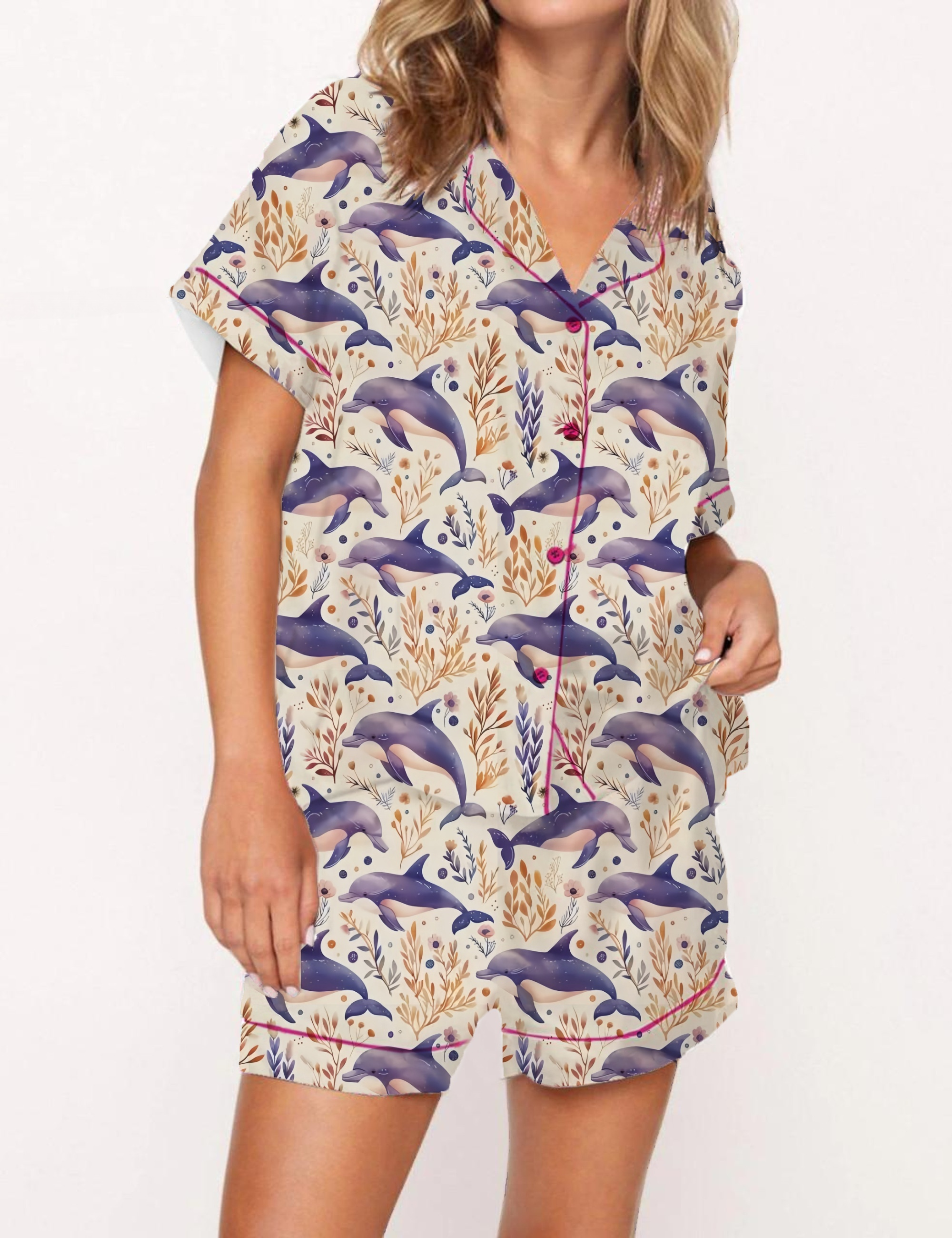 Dolphins Print Satin Pajama Short Set