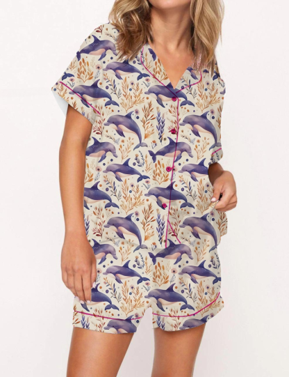 Dolphins Print Satin Pajama Short Set
