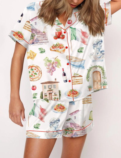 Italy Watercolour Travel Silky Satin Pajama Set For Women