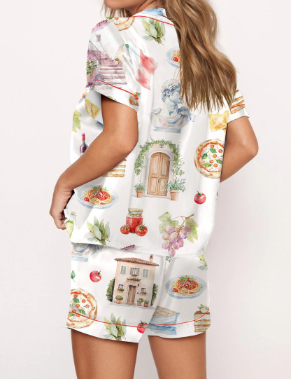 Italy Watercolour Travel Silky Satin Pajama Set For Women