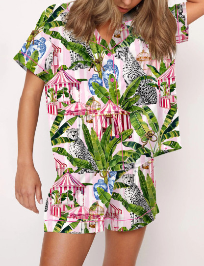 Jungle With Cheetahs Striped Satin Pajama Set For Women
