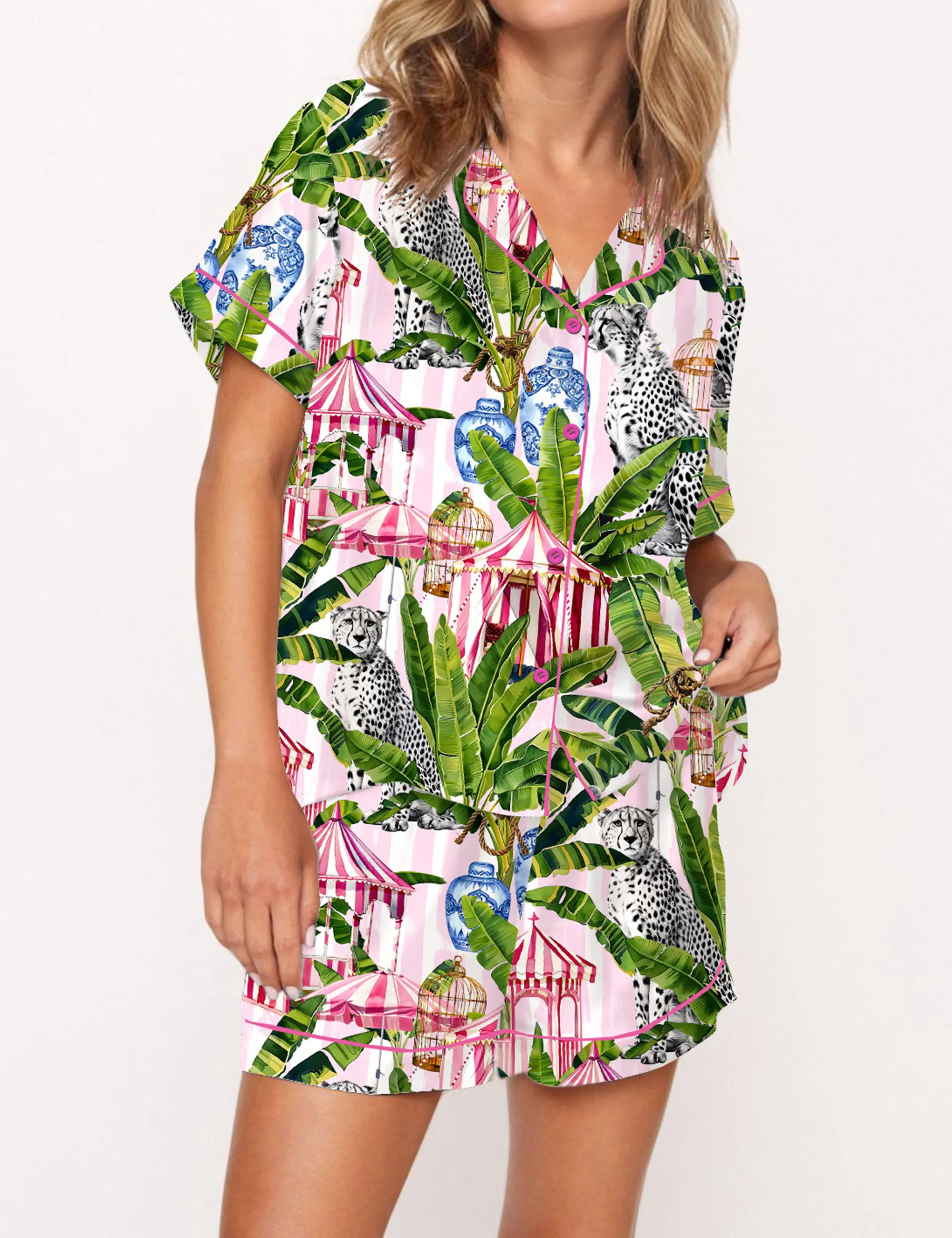 Jungle With Cheetahs Striped Satin Pajama Set For Women