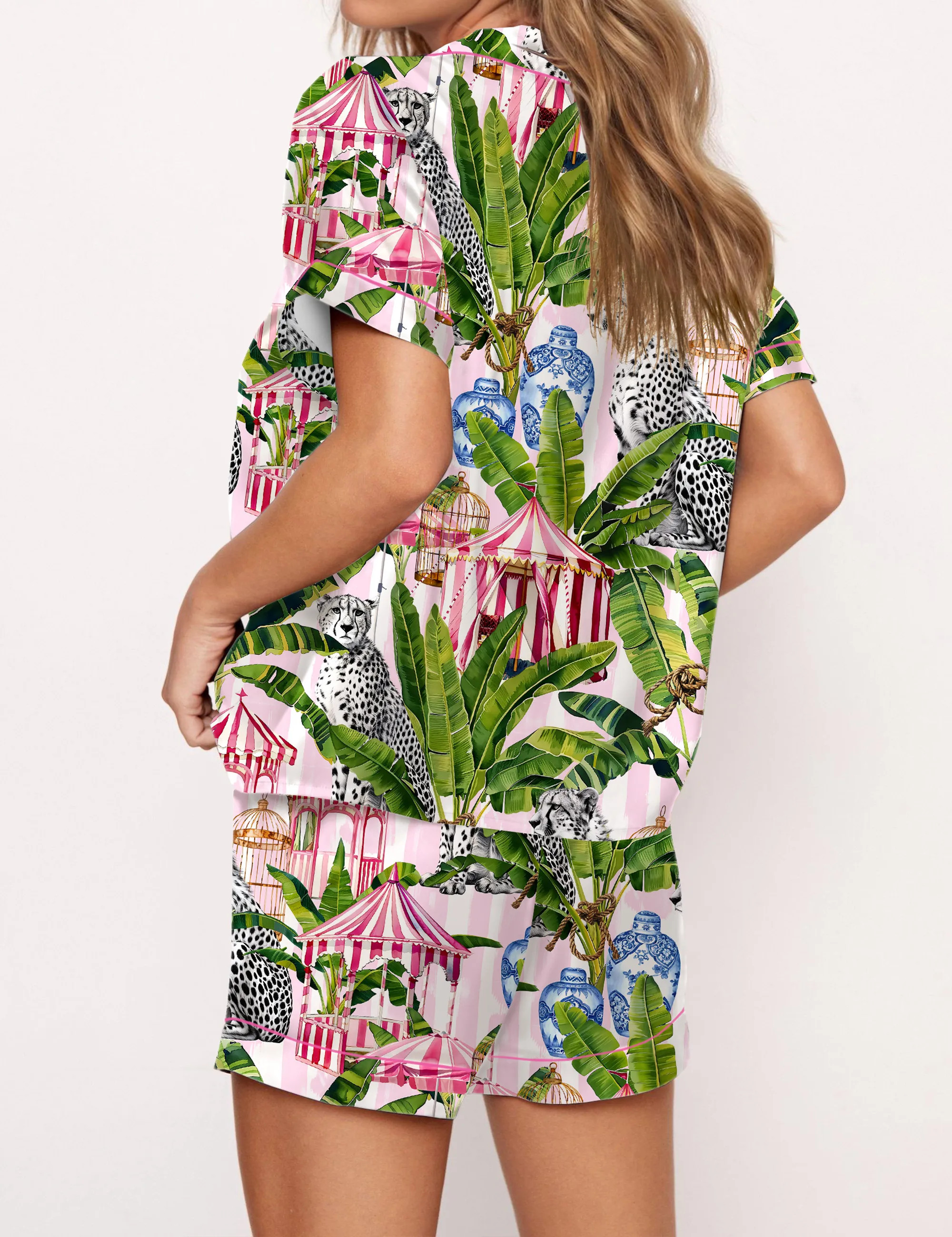 Jungle With Cheetahs Striped Satin Pajama Set For Women