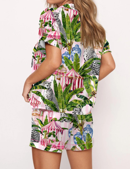 Jungle With Cheetahs Striped Satin Pajama Set For Women