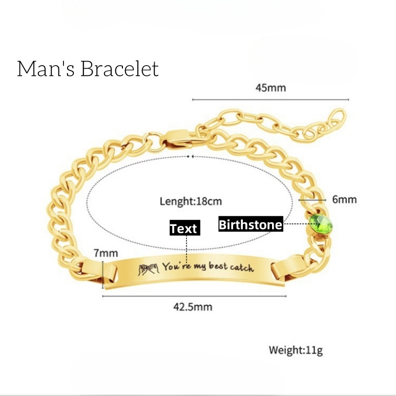 Personalized Birthstone Stainless Steel Couple Bar Bracelet with Engraved Text Birthday Valentine Gift for Friends Couple