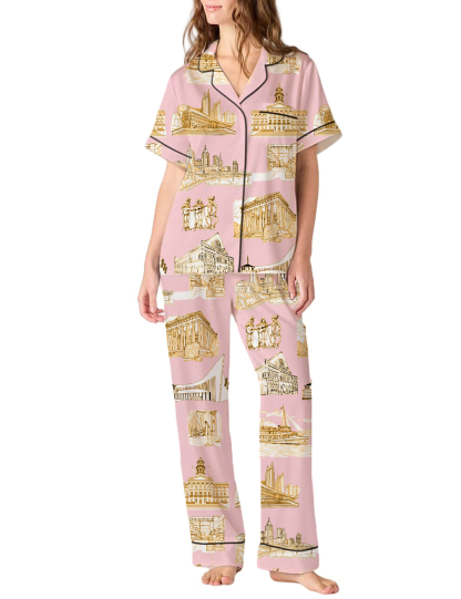 Nashville Toile Silky Satin Pajama Pants Set For Women