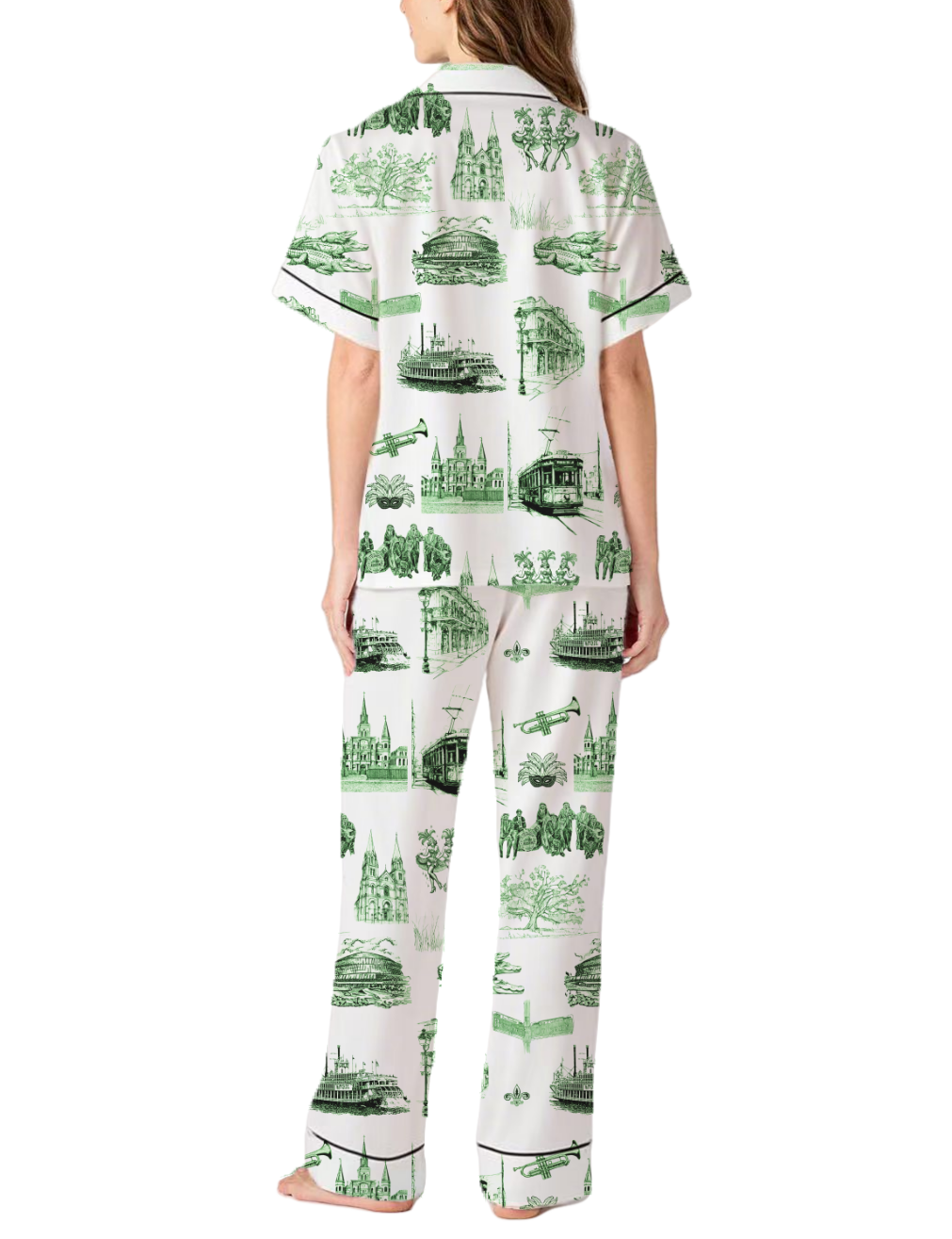 New Orleans Toile Silky Satin Pajama Pants Set For Women