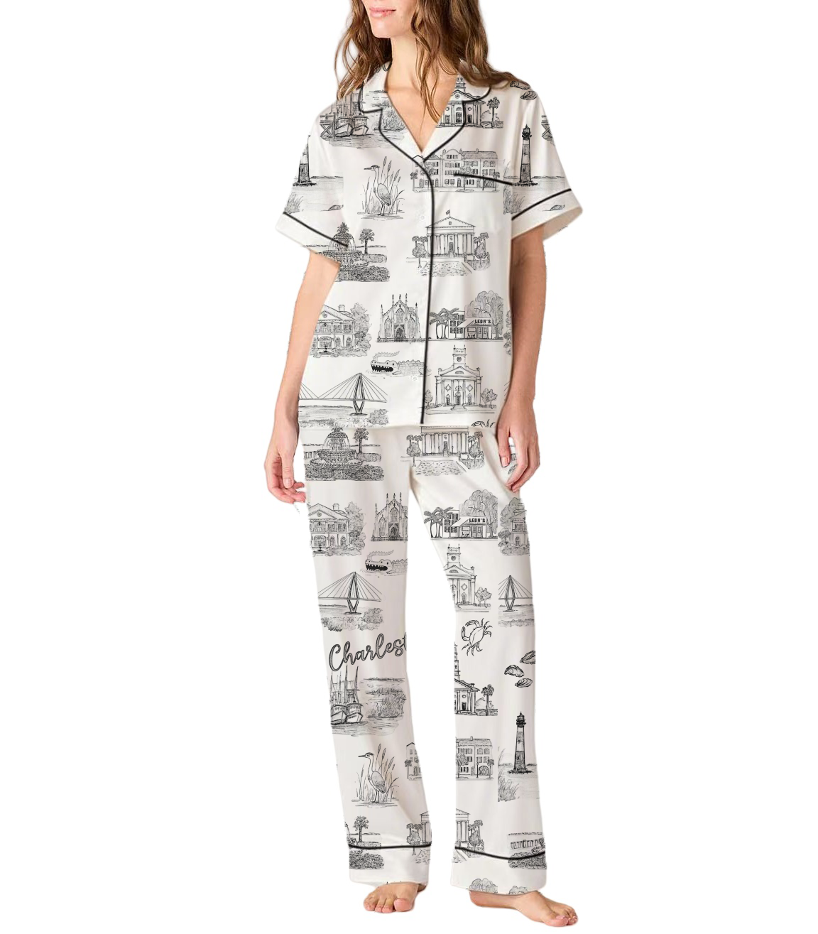 Charleston Toile Silky Satin Pajama Pants Set For Women