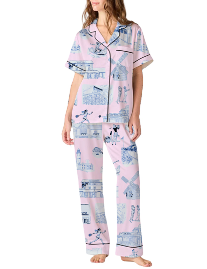 Hamptons Toile Silky Satin Pajama Pants Set For Women