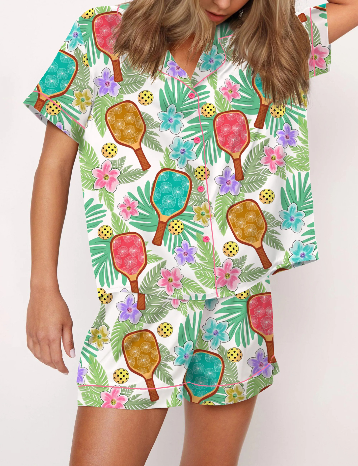 Tropical Pickleball Silky Satin Pajama Set For Women