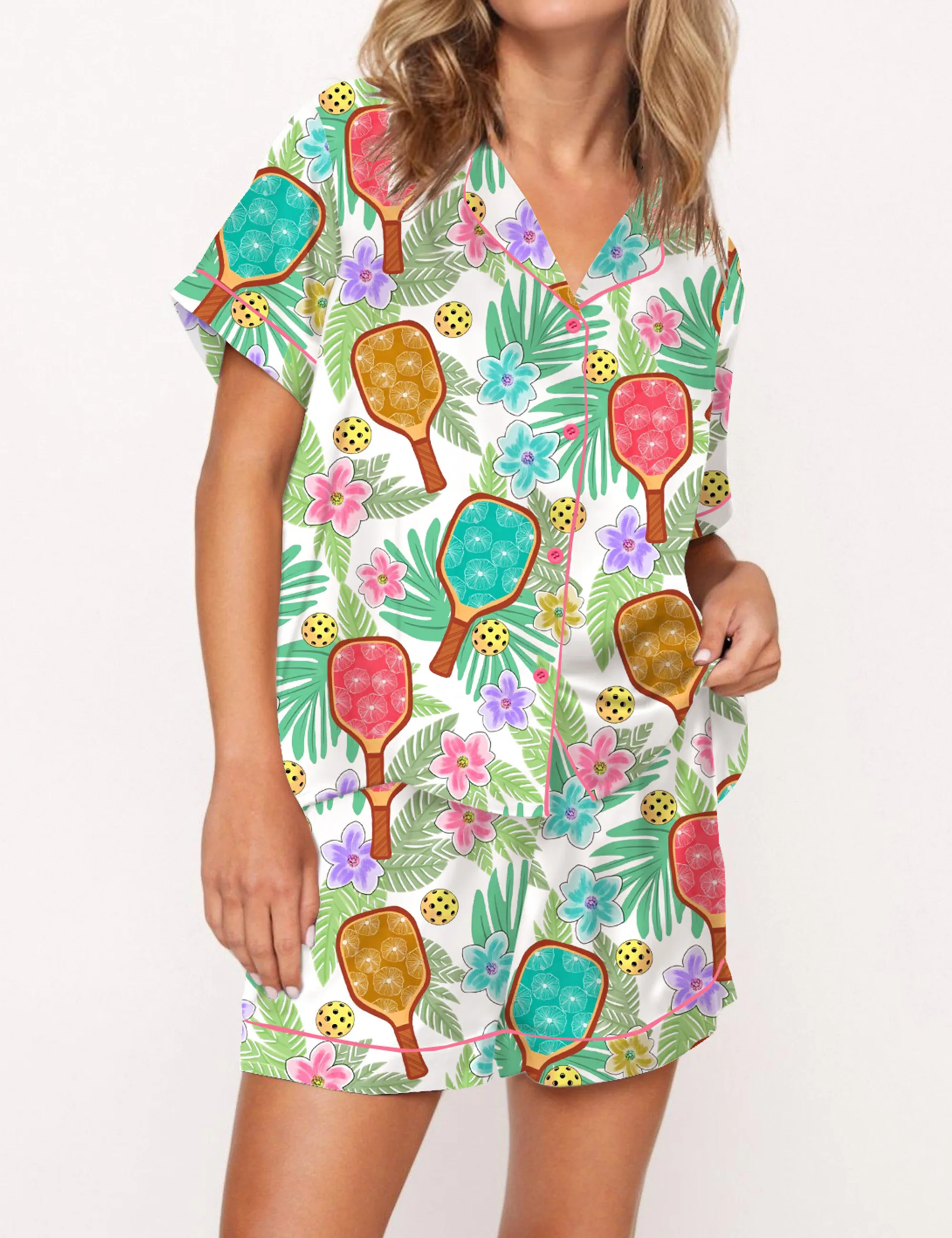 Tropical Pickleball Silky Satin Pajama Set For Women