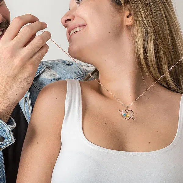 Personalized Cupid's Arrow Heart Necklace with 2 Birthstones & Names Valentine's Day Couple Gift for Women