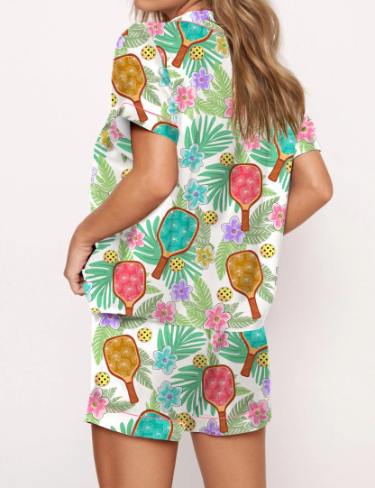 Tropical Pickleball Silky Satin Pajama Set For Women