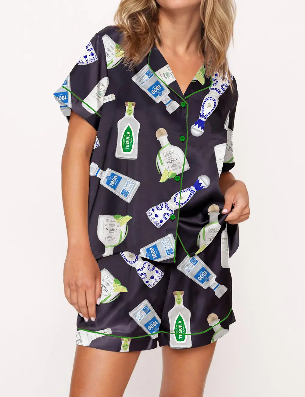 Tequila Bottle Satin Pajama Set For Women