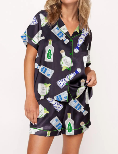Tequila Bottle Satin Pajama Set For Women