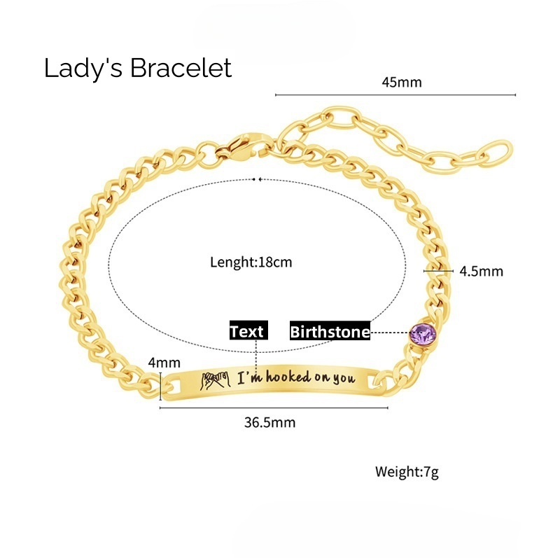 Personalized Birthstone Stainless Steel Couple Bar Bracelet with Engraved Text Birthday Valentine Gift for Friends Couple