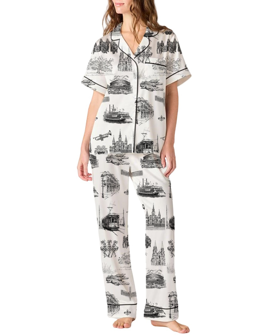 New Orleans Toile Silky Satin Pajama Pants Set For Women