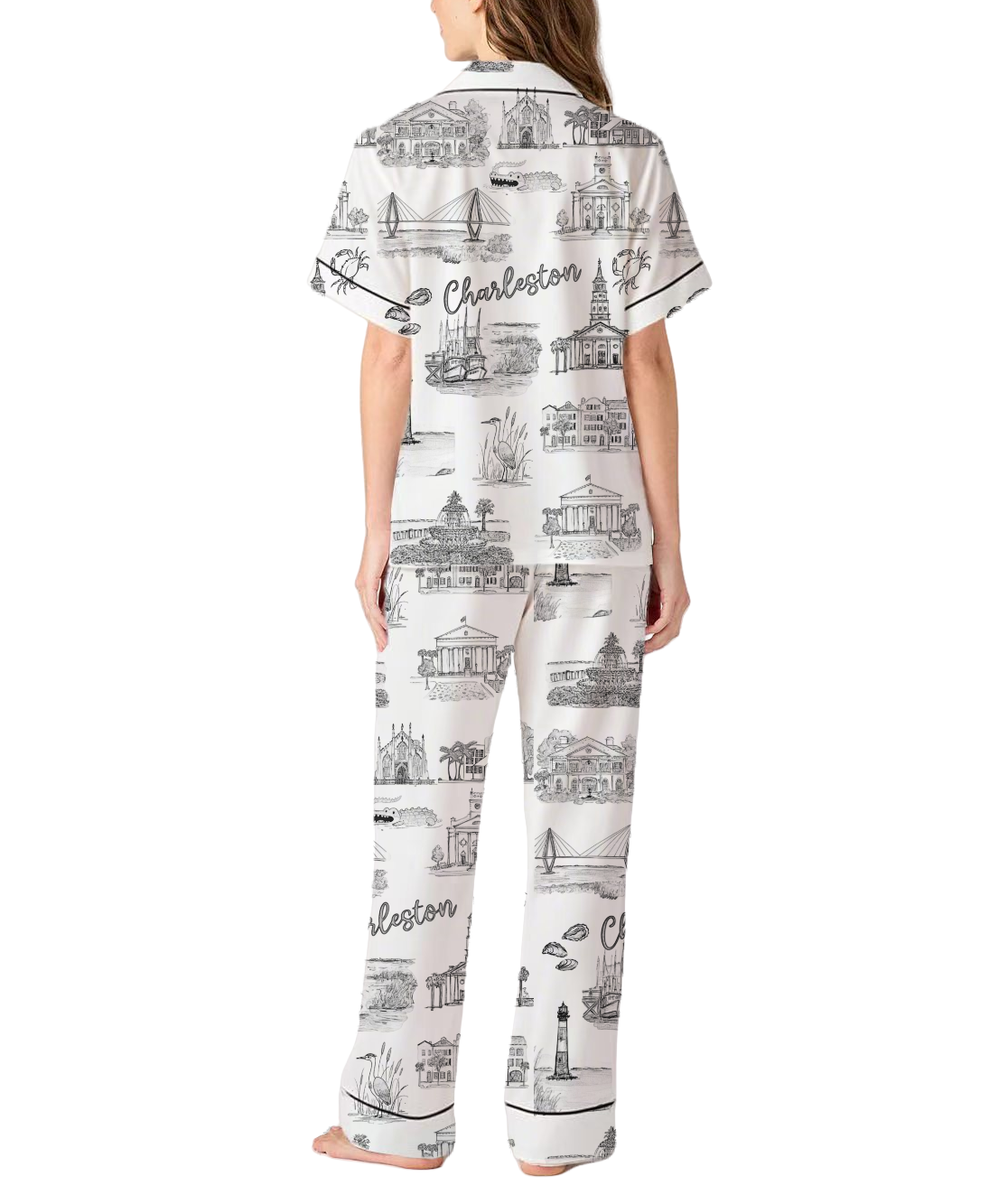 Charleston Toile Silky Satin Pajama Pants Set For Women