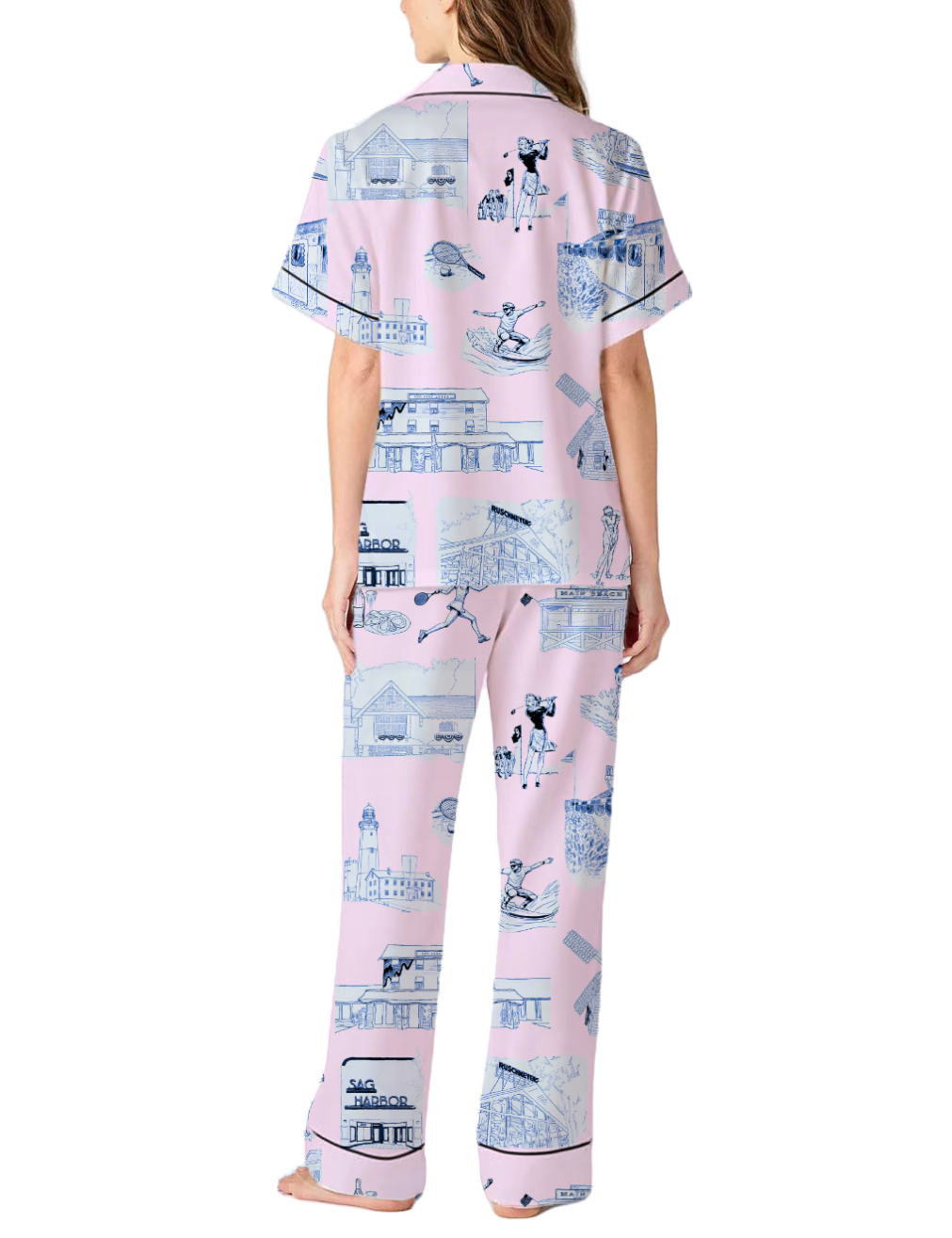 Hamptons Toile Silky Satin Pajama Pants Set For Women