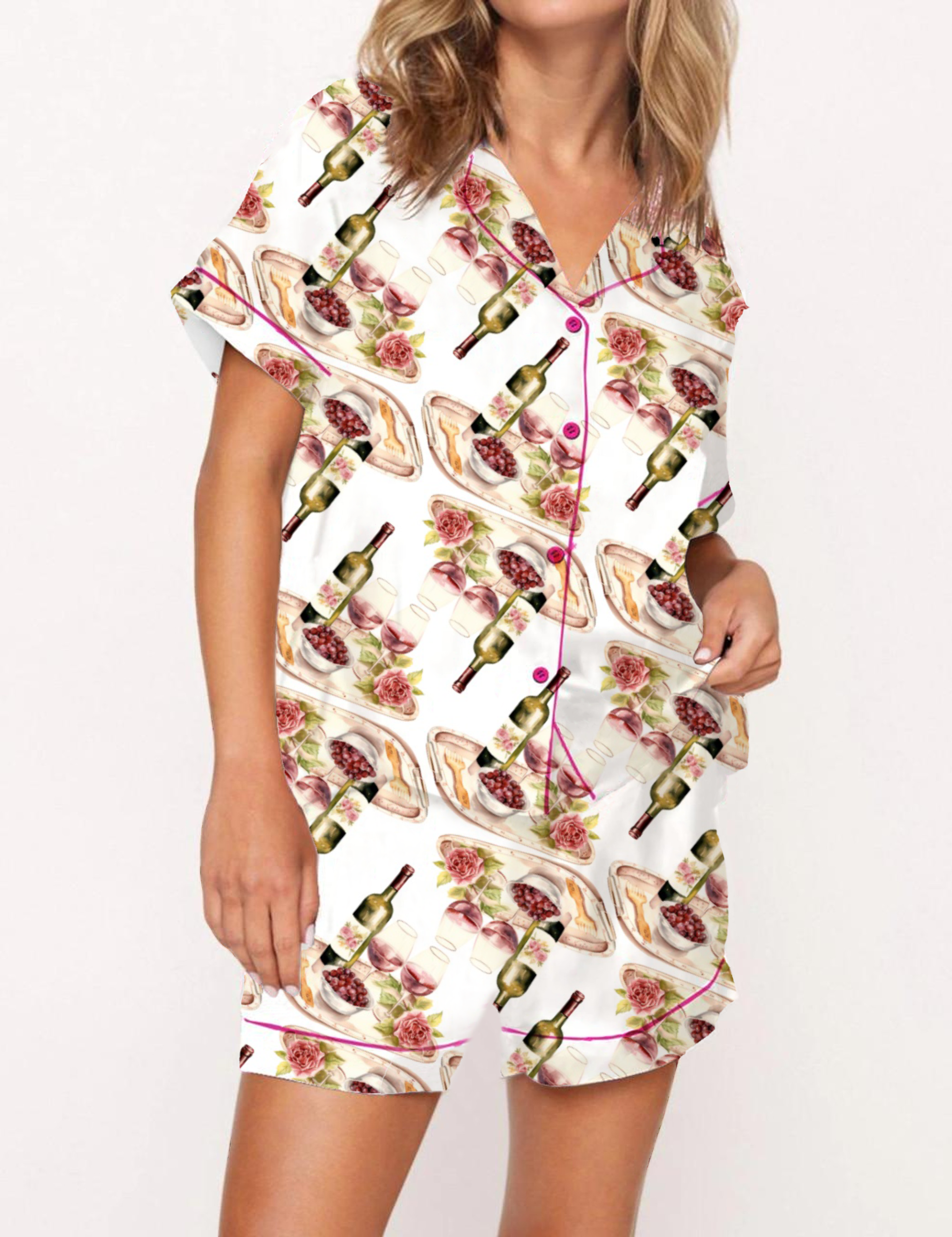 Wine Holiday Satin Pajama Short Set For Women