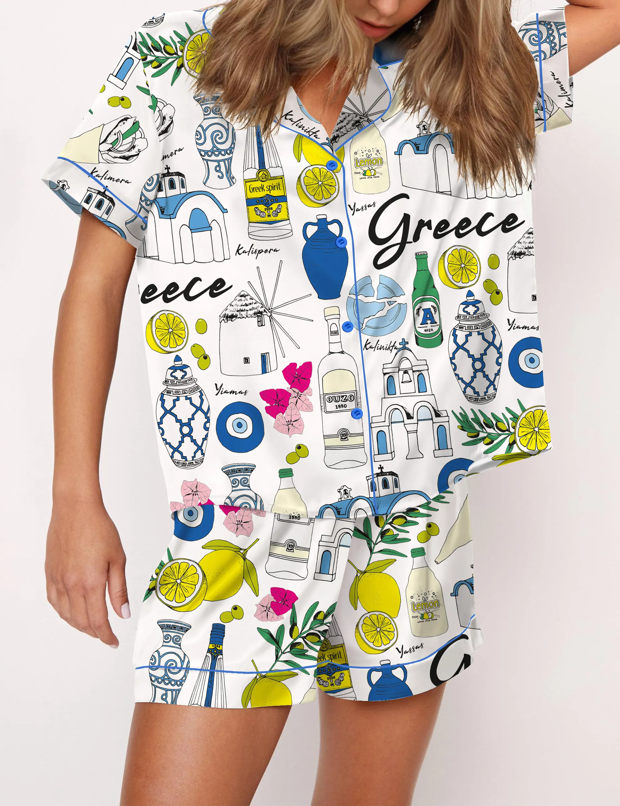 Greece Travel Satin Pajama Set For Women