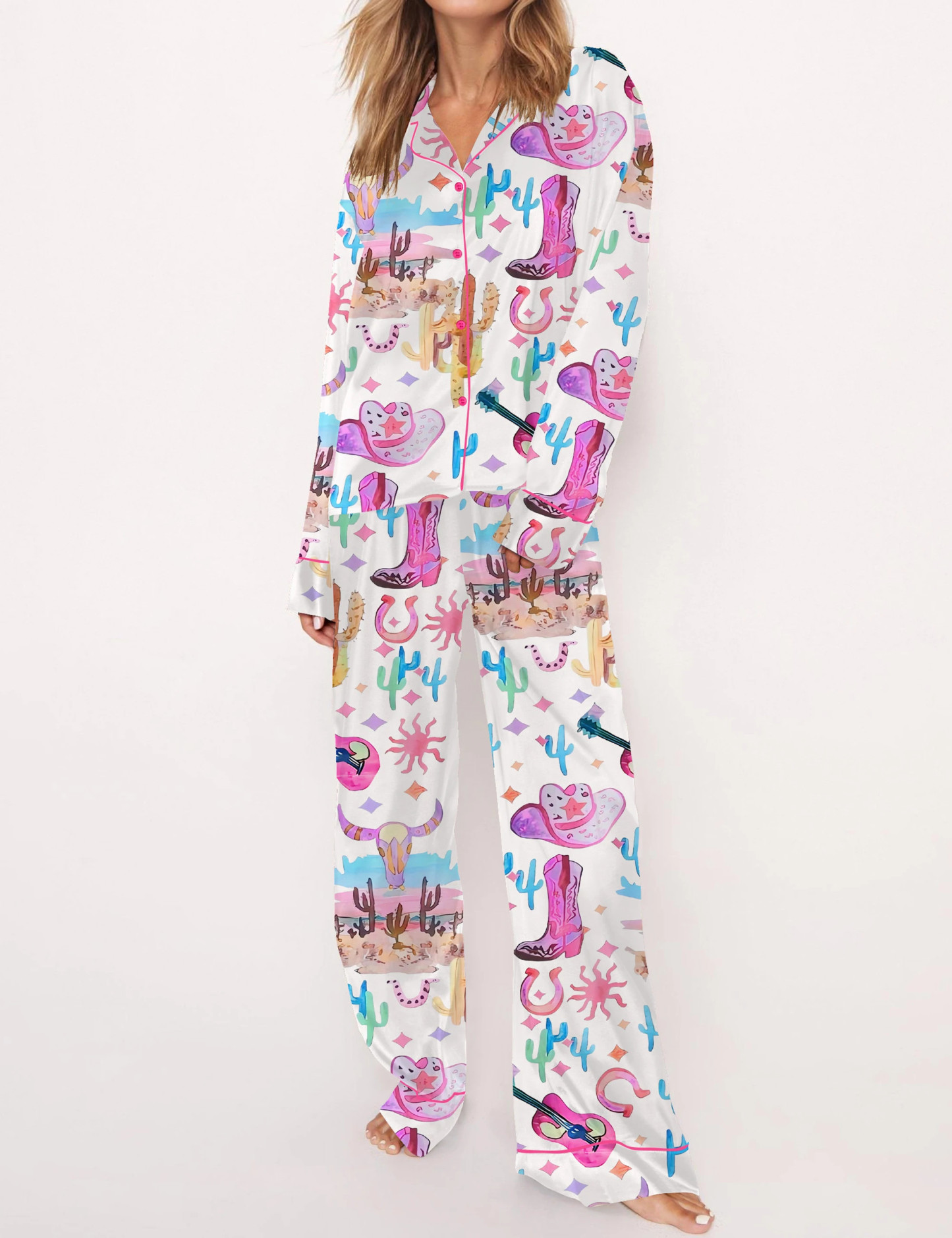 Colorful Cowgirl Satin Pajama Set For Women