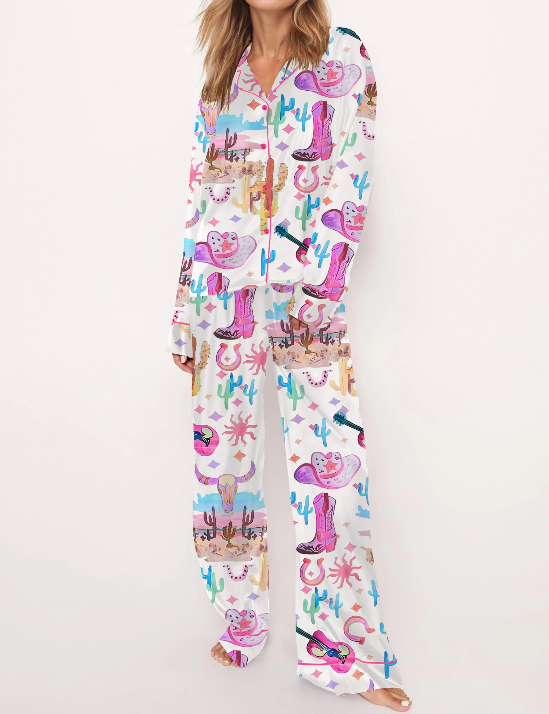Colorful Cowgirl Satin Pajama Set For Women