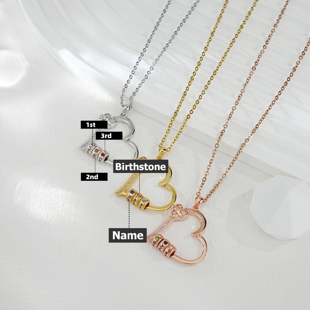 Personalized Family Heart Pendant Necklace with 1-6 Engraved Names and Birthstones Beads Mother's Day Birthday Gift for Mom Grandma