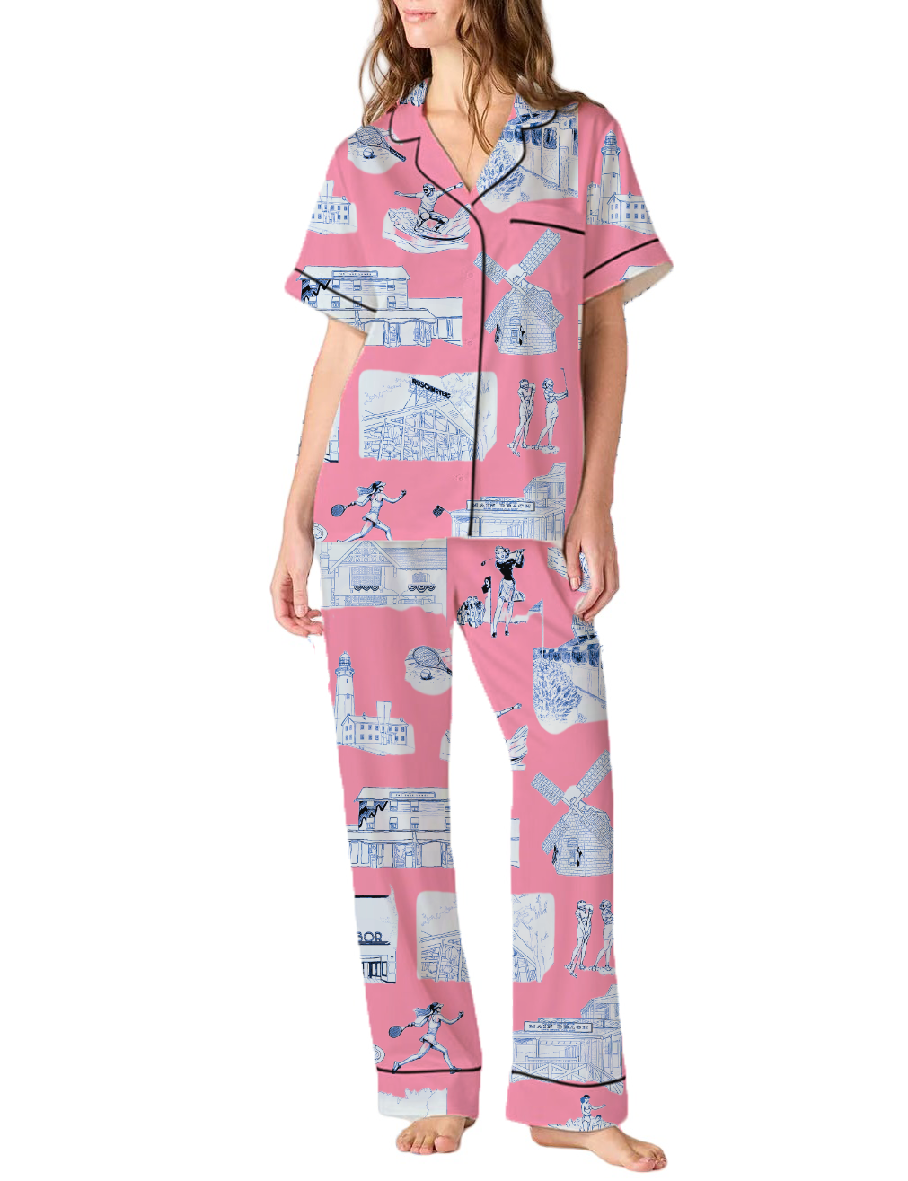 Hamptons Toile Silky Satin Pajama Pants Set For Women
