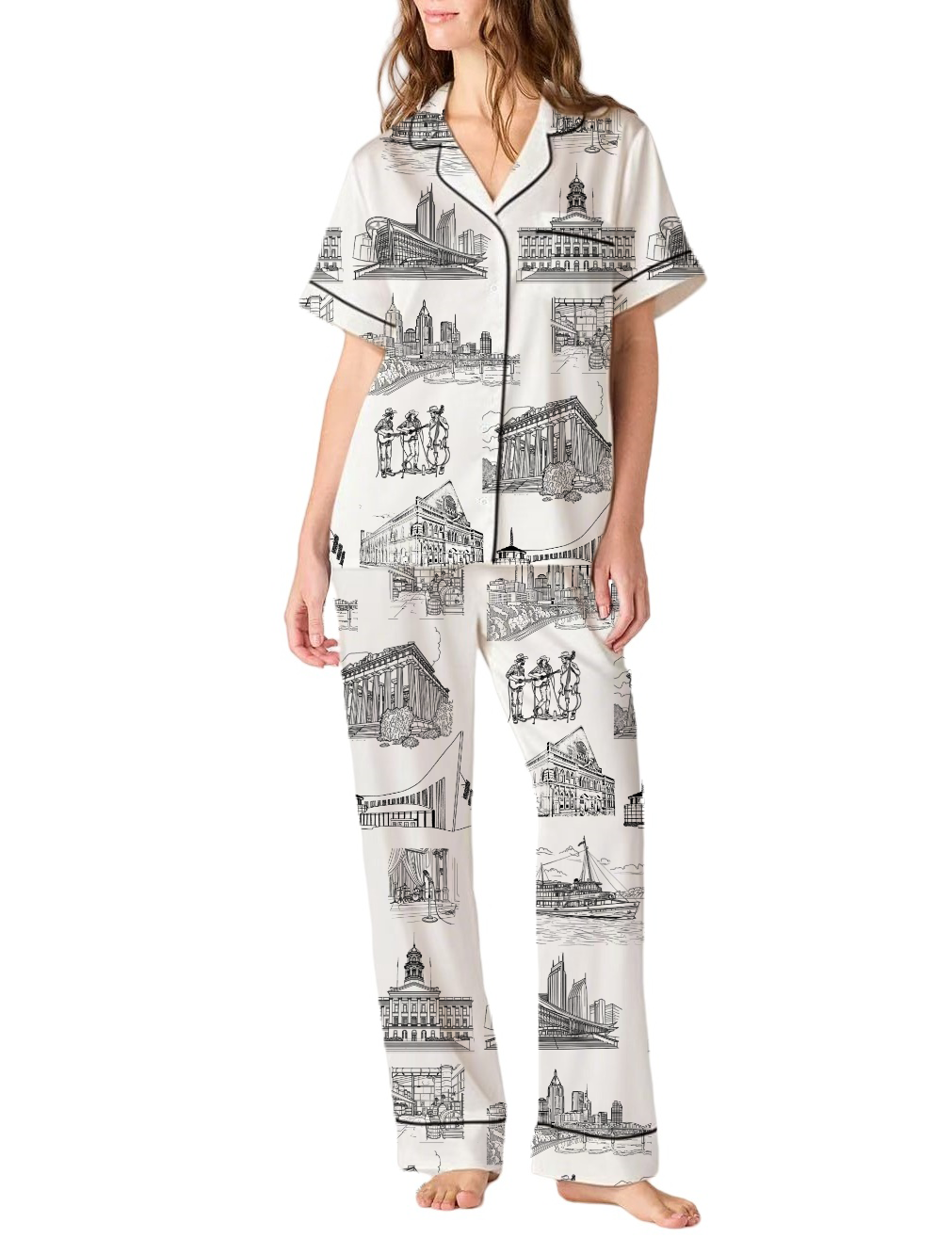 Nashville Toile Silky Satin Pajama Pants Set For Women