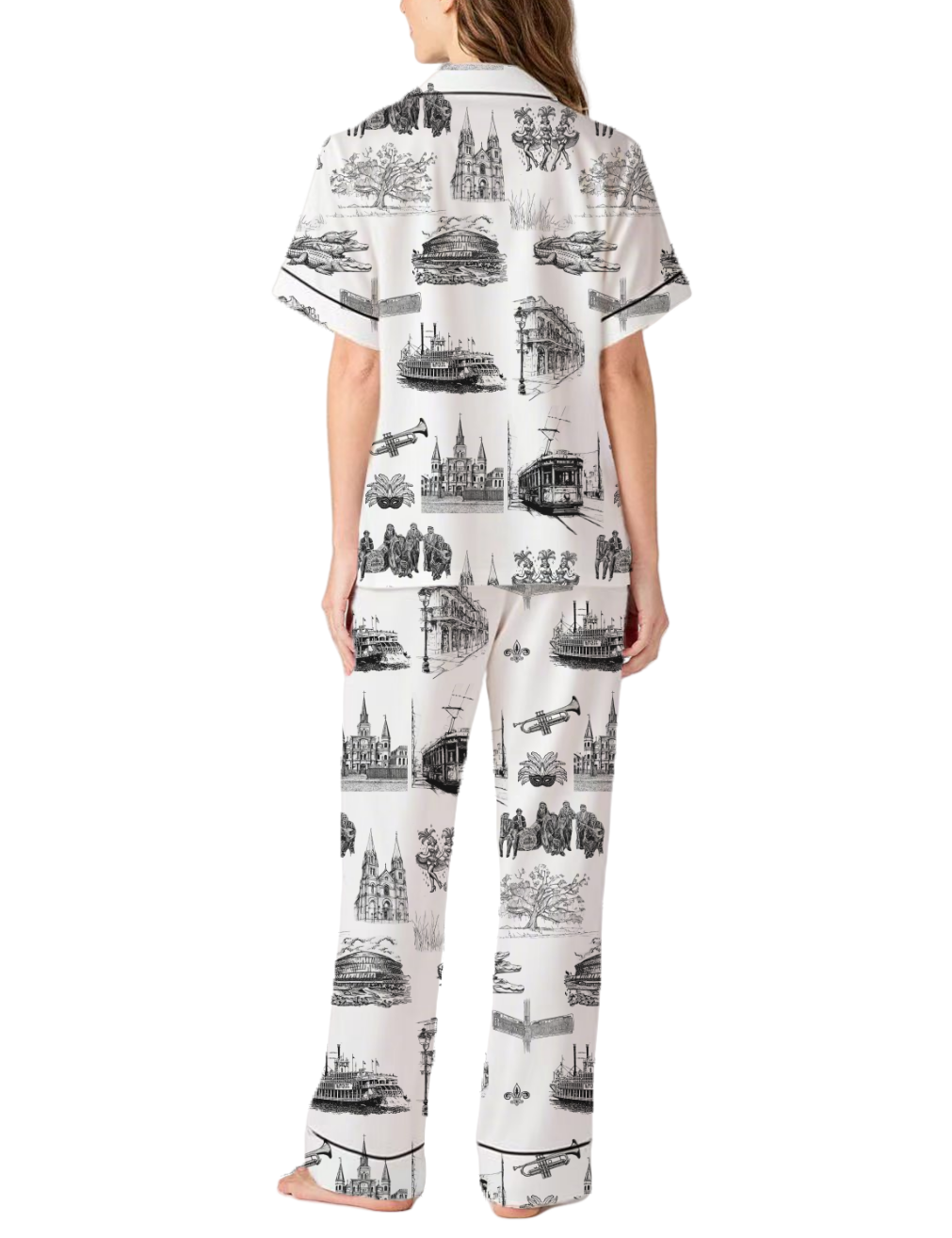 New Orleans Toile Silky Satin Pajama Pants Set For Women
