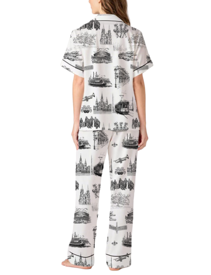 New Orleans Toile Silky Satin Pajama Pants Set For Women