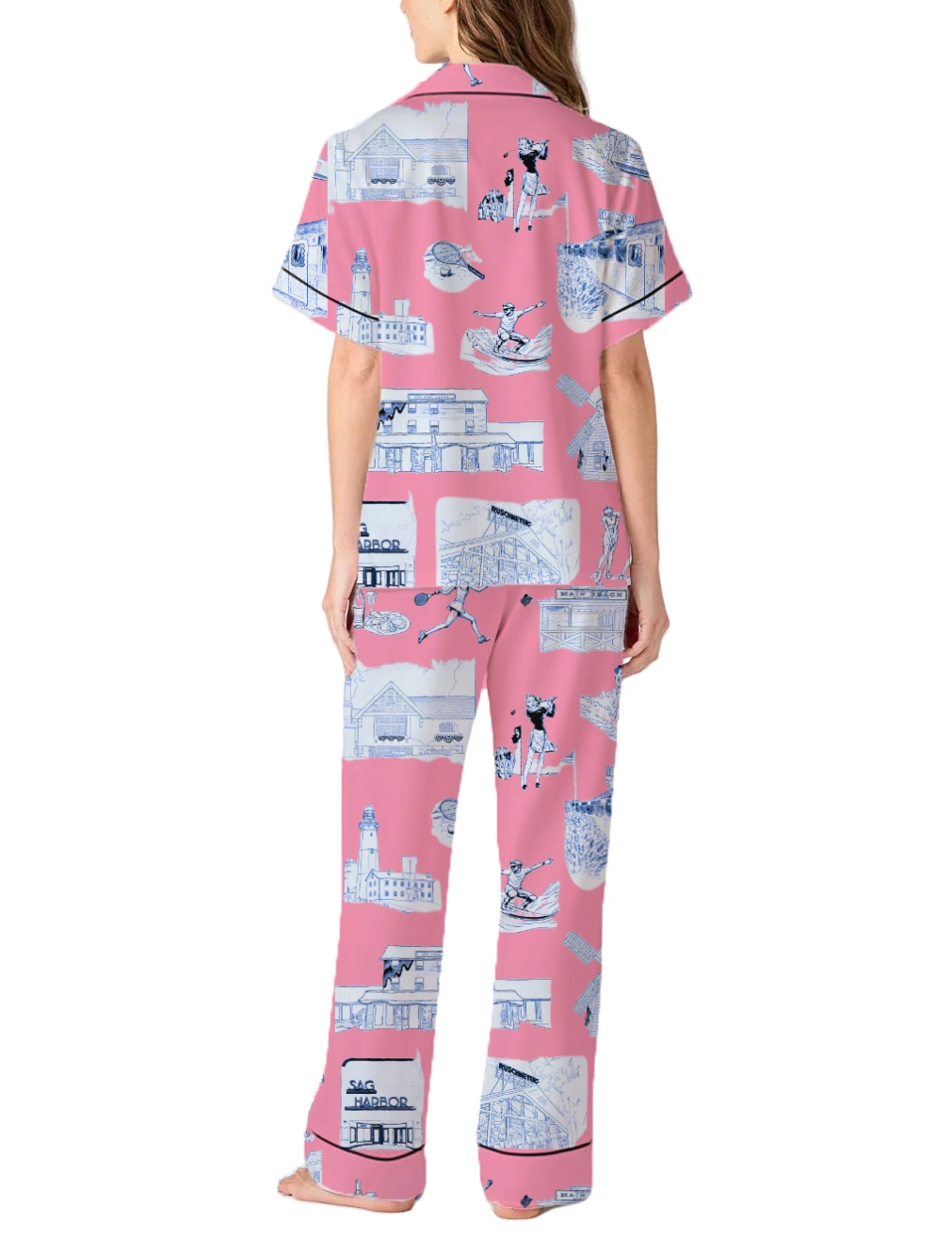 Hamptons Toile Silky Satin Pajama Pants Set For Women