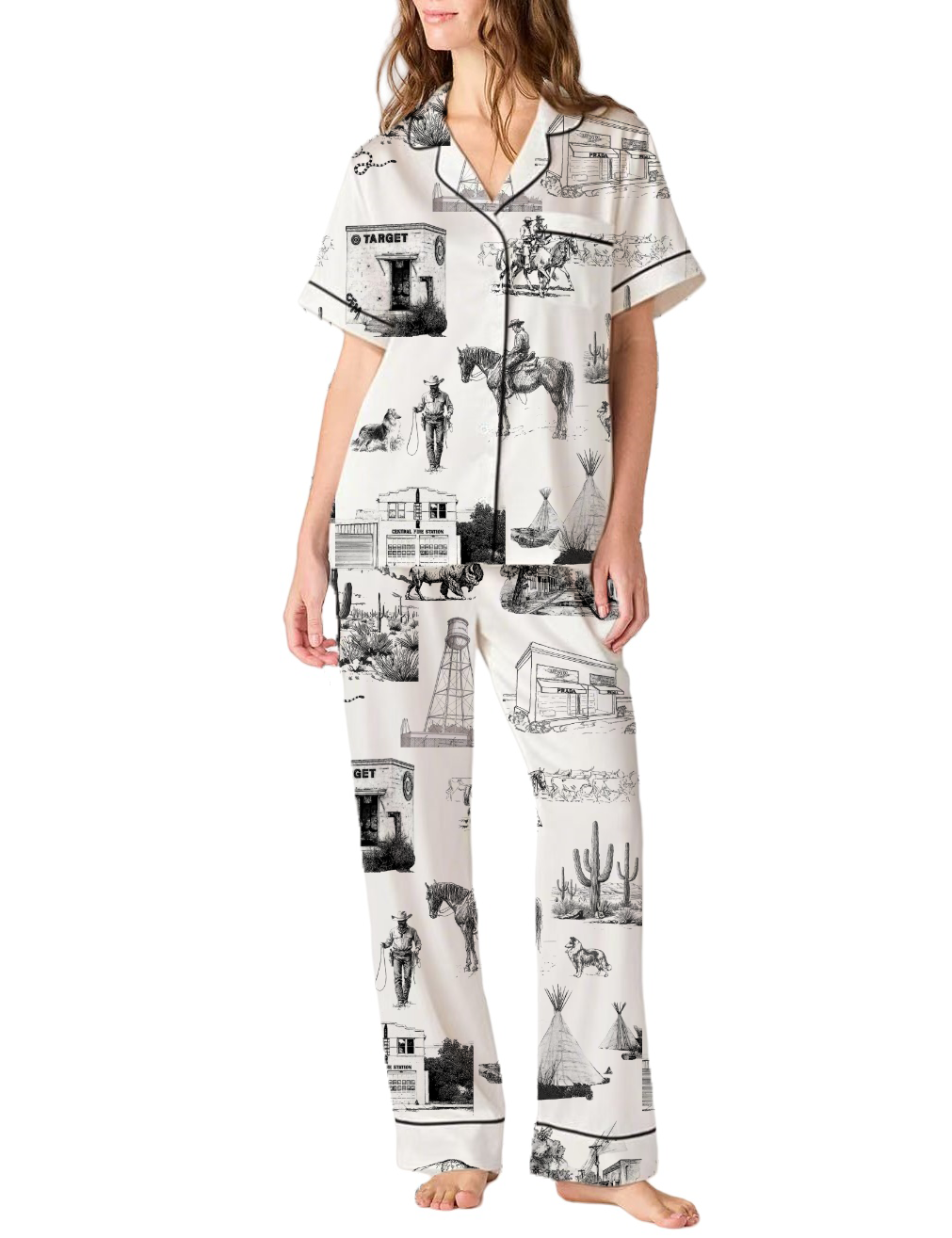 Marfa Toile Silky Satin Pajama Pants Set For Women