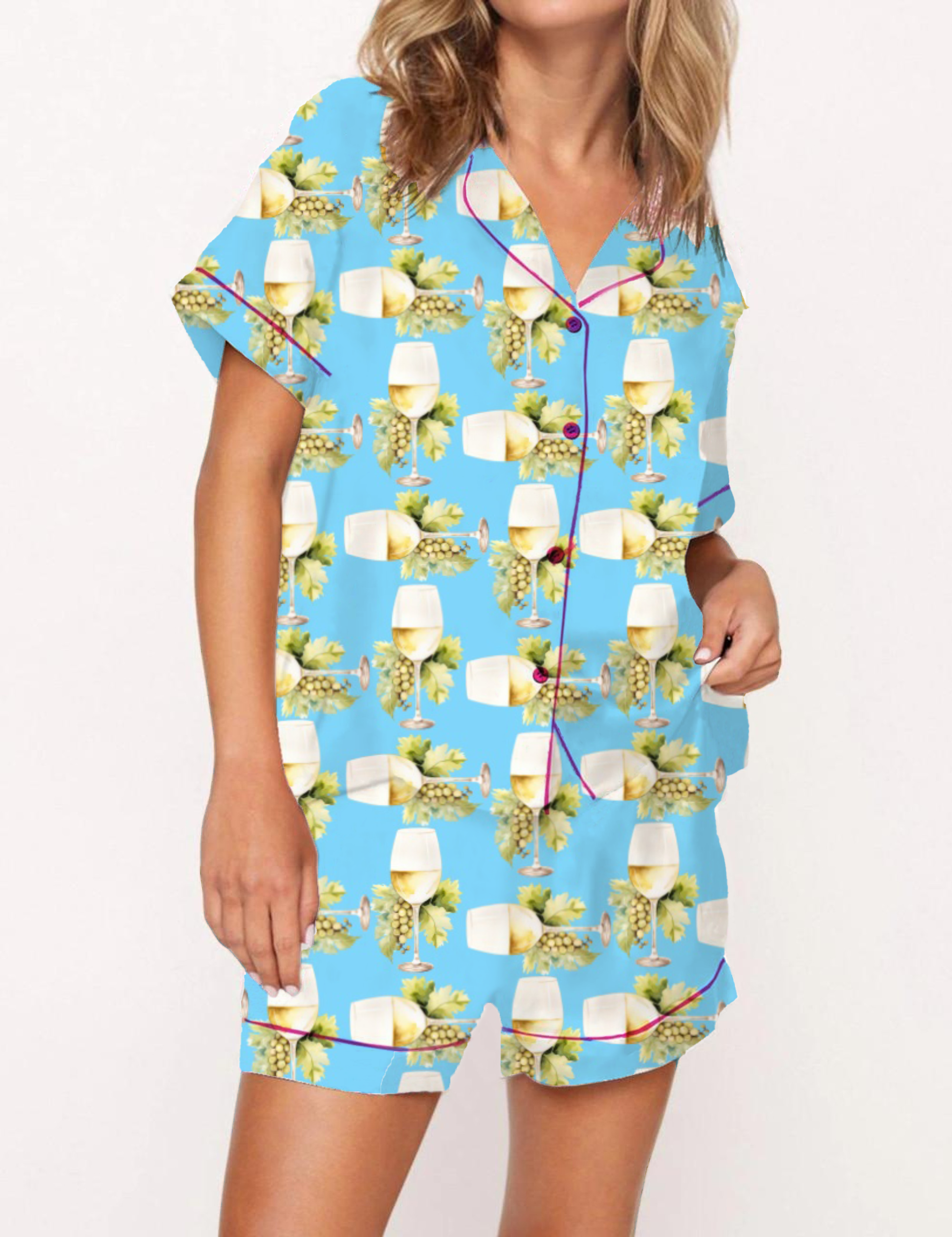 Wine Holiday Satin Pajama Short Set For Women