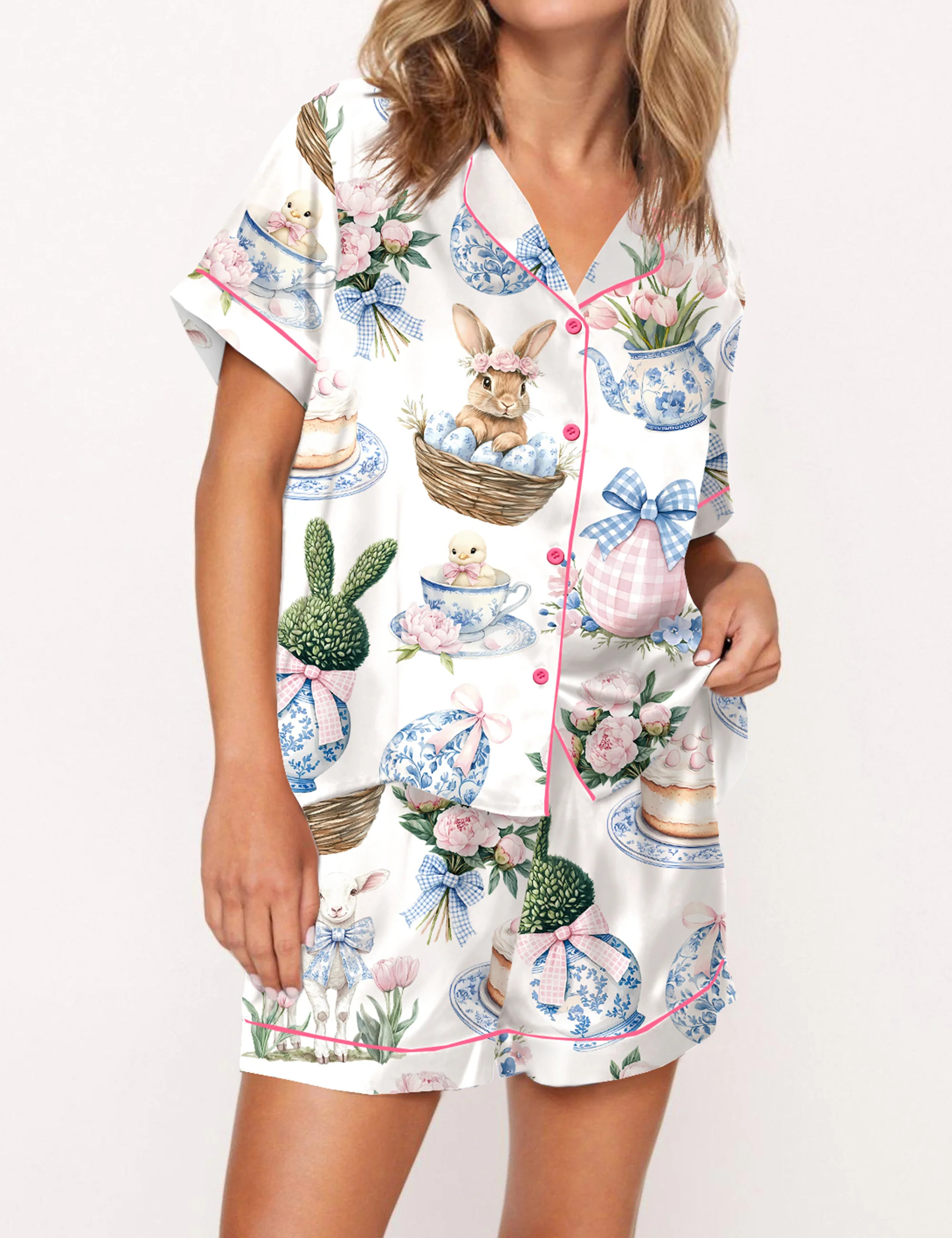 Coquette Chinoiserie Easter Satin Pajama Set For Women