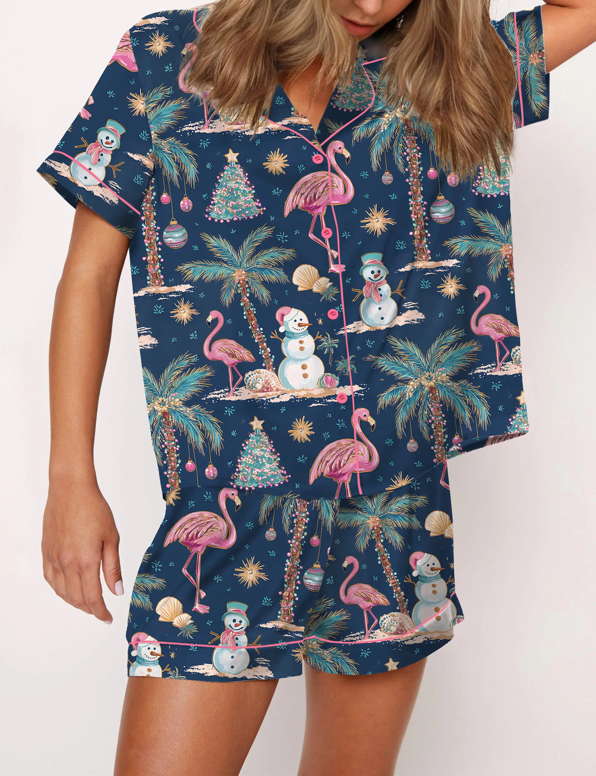 Flamingo Christmas Silky Satin Pajama Set For Women