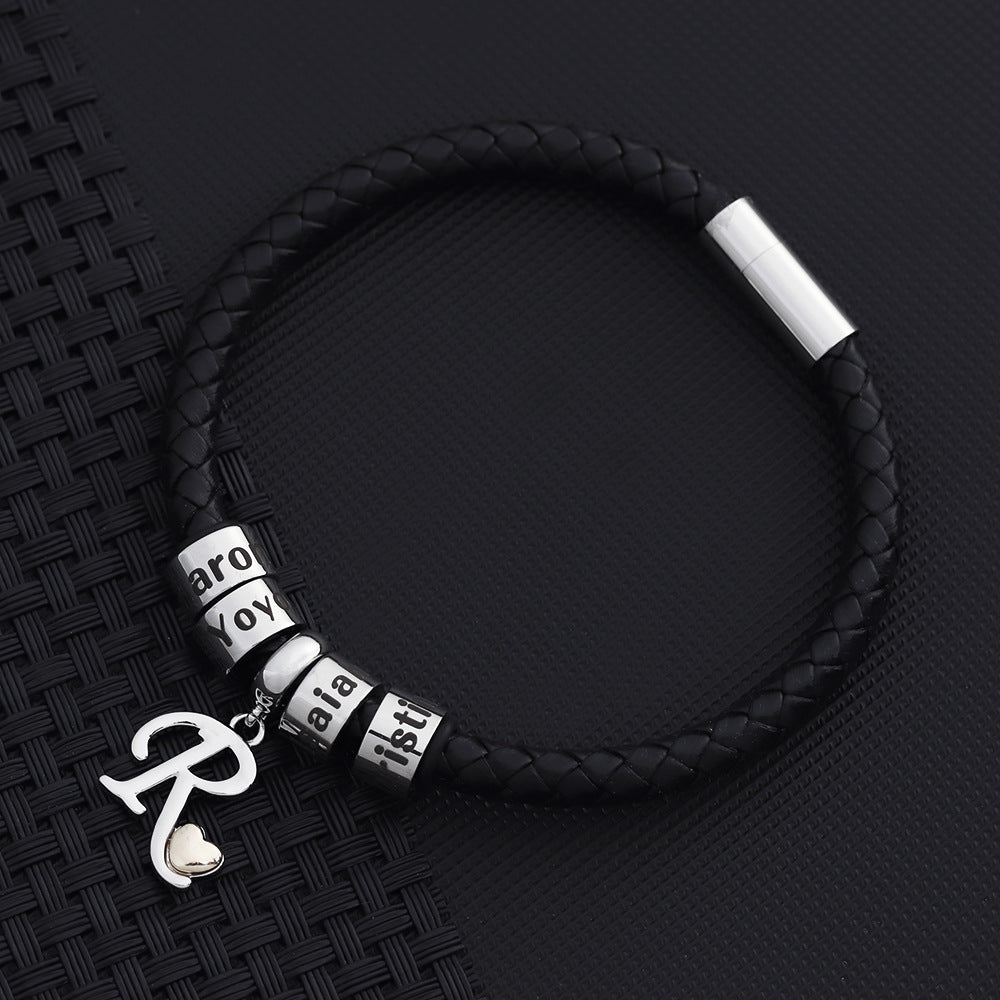 Personalized 1-8 Beads Braided Leather Men's Bracelet with Name Father's Day Birthday Gift for Him