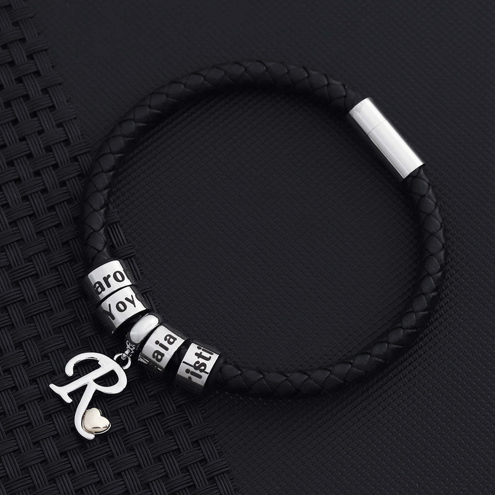 Personalized 1-8 Beads Braided Leather Men's Bracelet with Name Father's Day Birthday Gift for Him