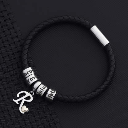Personalized 1-8 Beads Braided Leather Men's Bracelet with Name Father's Day Birthday Gift for Him