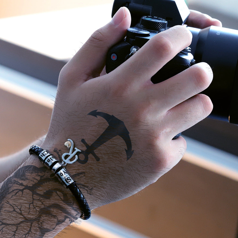 Personalized 1-8 Beads Braided Leather Men's Bracelet with Name Father's Day Birthday Gift for Him