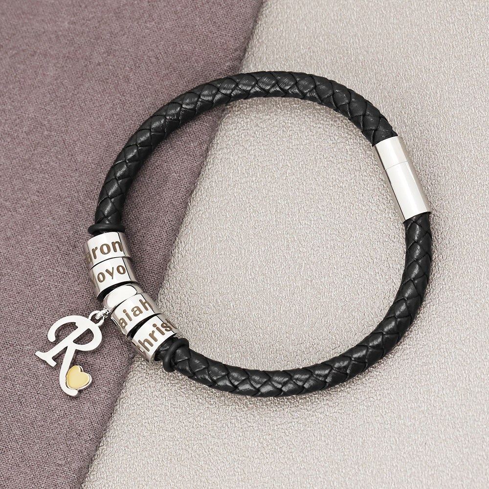 Personalized 1-8 Beads Braided Leather Men's Bracelet with Name Father's Day Birthday Gift for Him