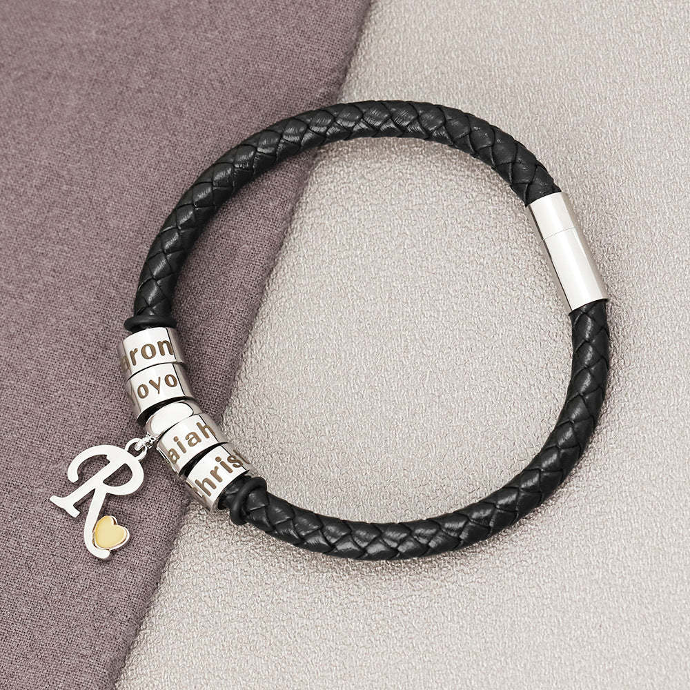 Personalized 1-8 Beads Braided Leather Men's Bracelet with Name Father's Day Birthday Gift for Him