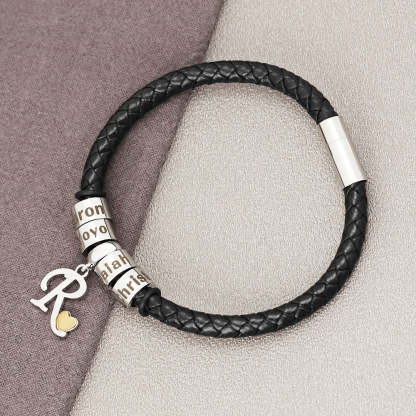 Personalized 1-8 Beads Braided Leather Men's Bracelet with Name Father's Day Birthday Gift for Him
