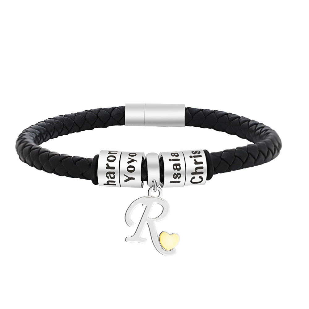 Personalized 1-8 Beads Braided Leather Men's Bracelet with Name Father's Day Birthday Gift for Him