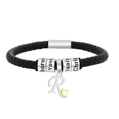 Personalized 1-8 Beads Braided Leather Men's Bracelet with Name Father's Day Birthday Gift for Him