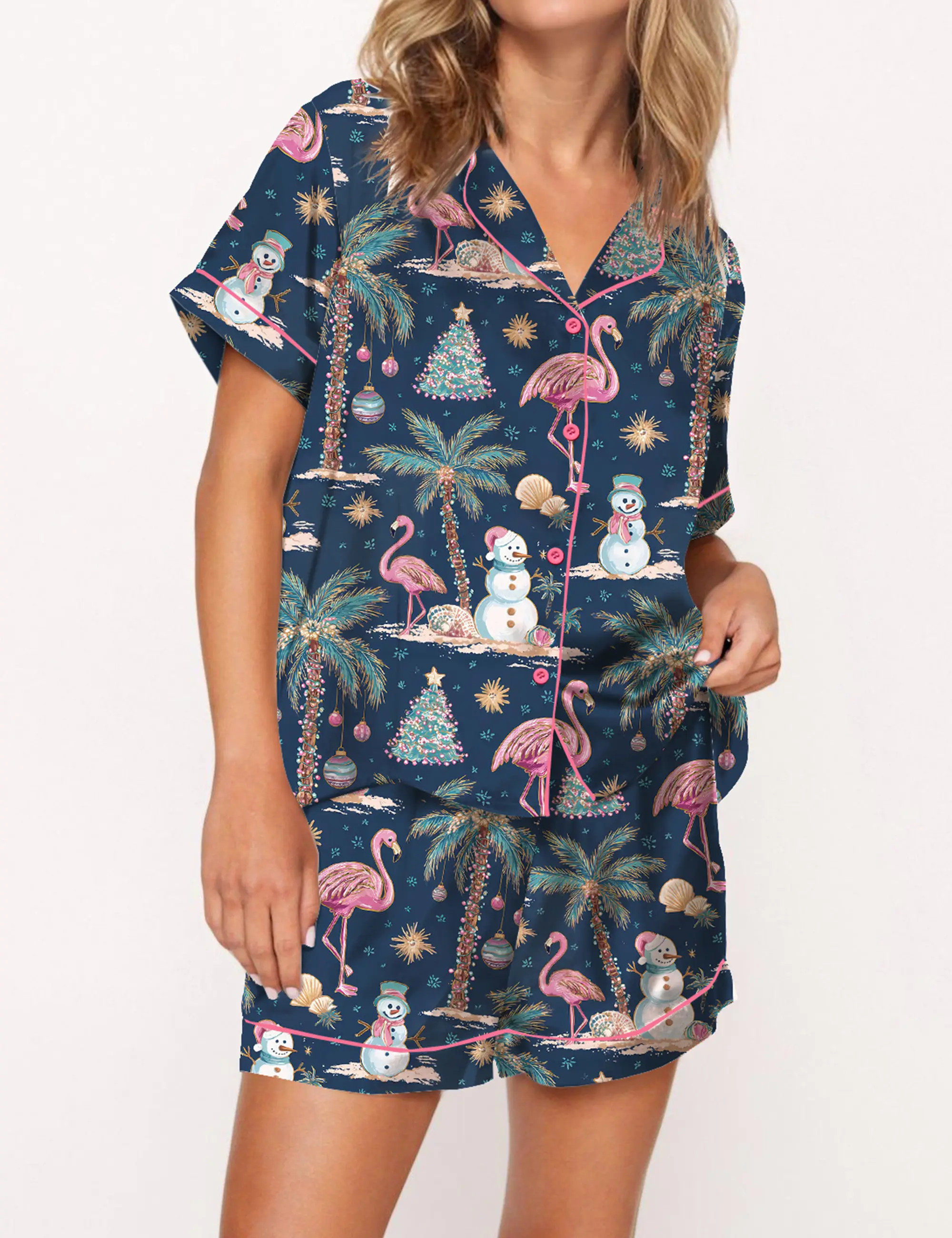 Flamingo Christmas Silky Satin Pajama Set For Women