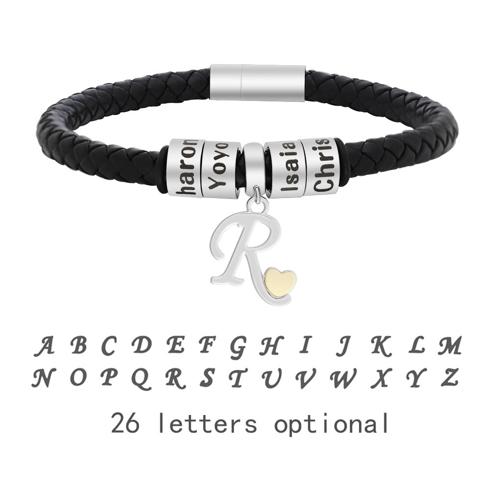 Personalized 1-8 Beads Braided Leather Men's Bracelet with Name Father's Day Birthday Gift for Him