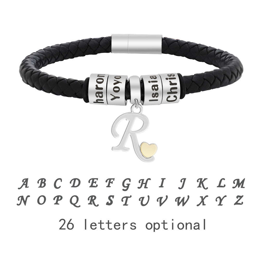 Personalized 1-8 Beads Braided Leather Men's Bracelet with Name Father's Day Birthday Gift for Him