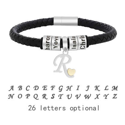 Personalized 1-8 Beads Braided Leather Men's Bracelet with Name Father's Day Birthday Gift for Him